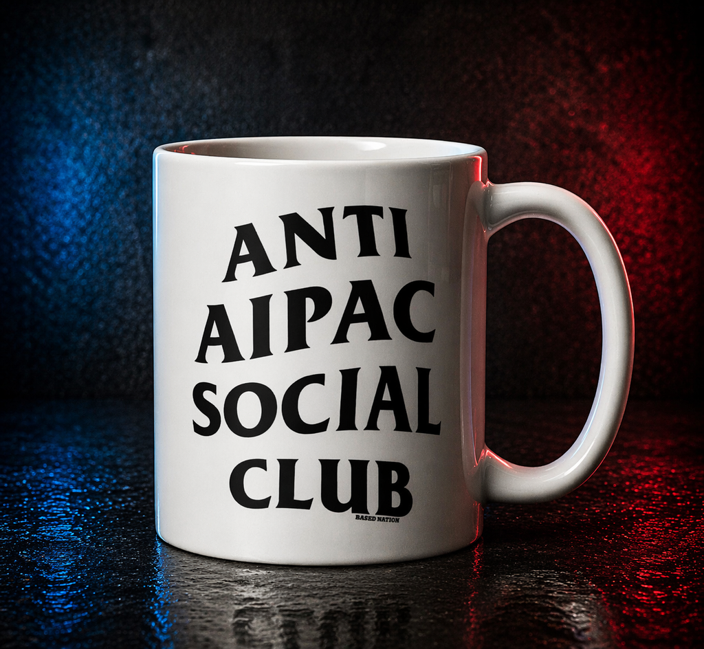 White mug with 'ANTI AIPAC SOCIAL CLUB' mug text on a dark background