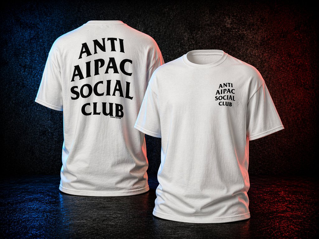 White t-shirt with 'ANTI AIPAC SOCIAL CLUB' text on the front and back against a dark background.