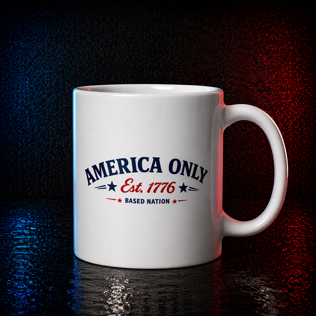 White mug with 'America Only' text on a dark background