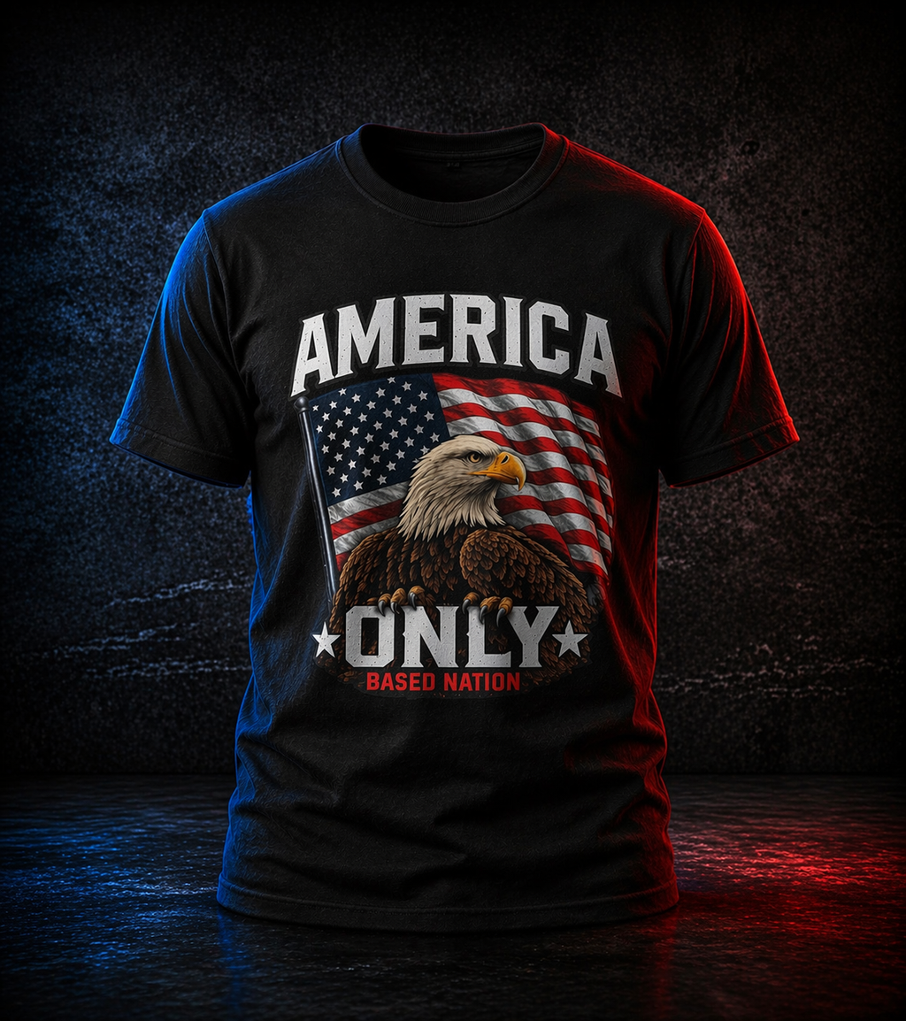 Black t-shirt with American flag and eagle design on a dark background