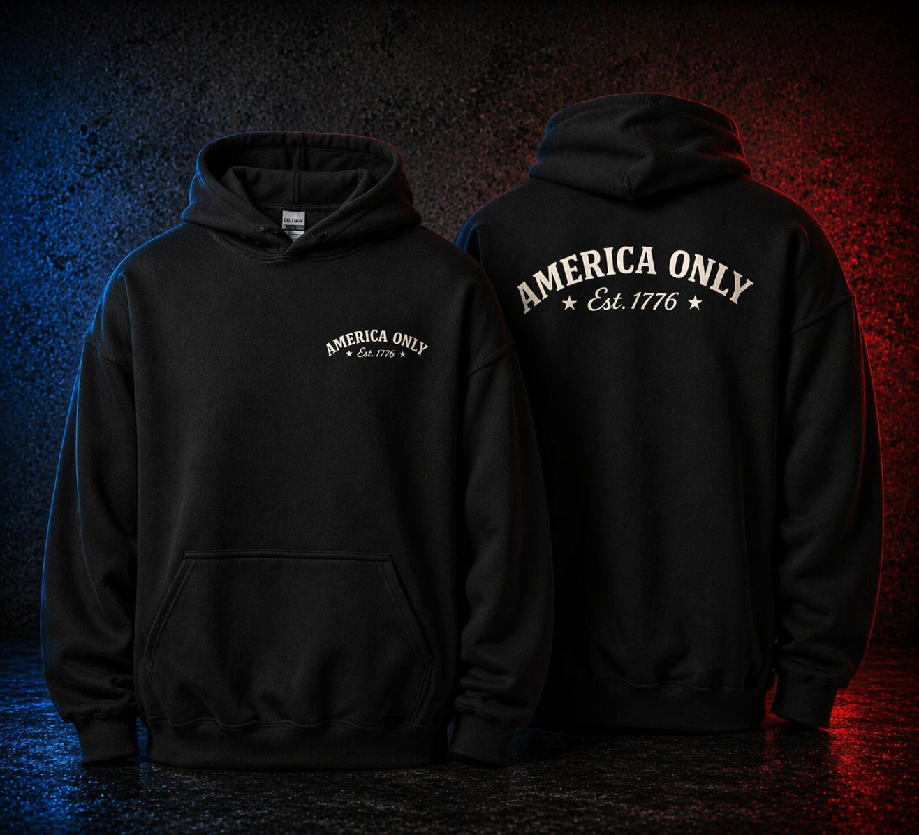 Black hoodie with 'America Only' text on front and back against a dark background
