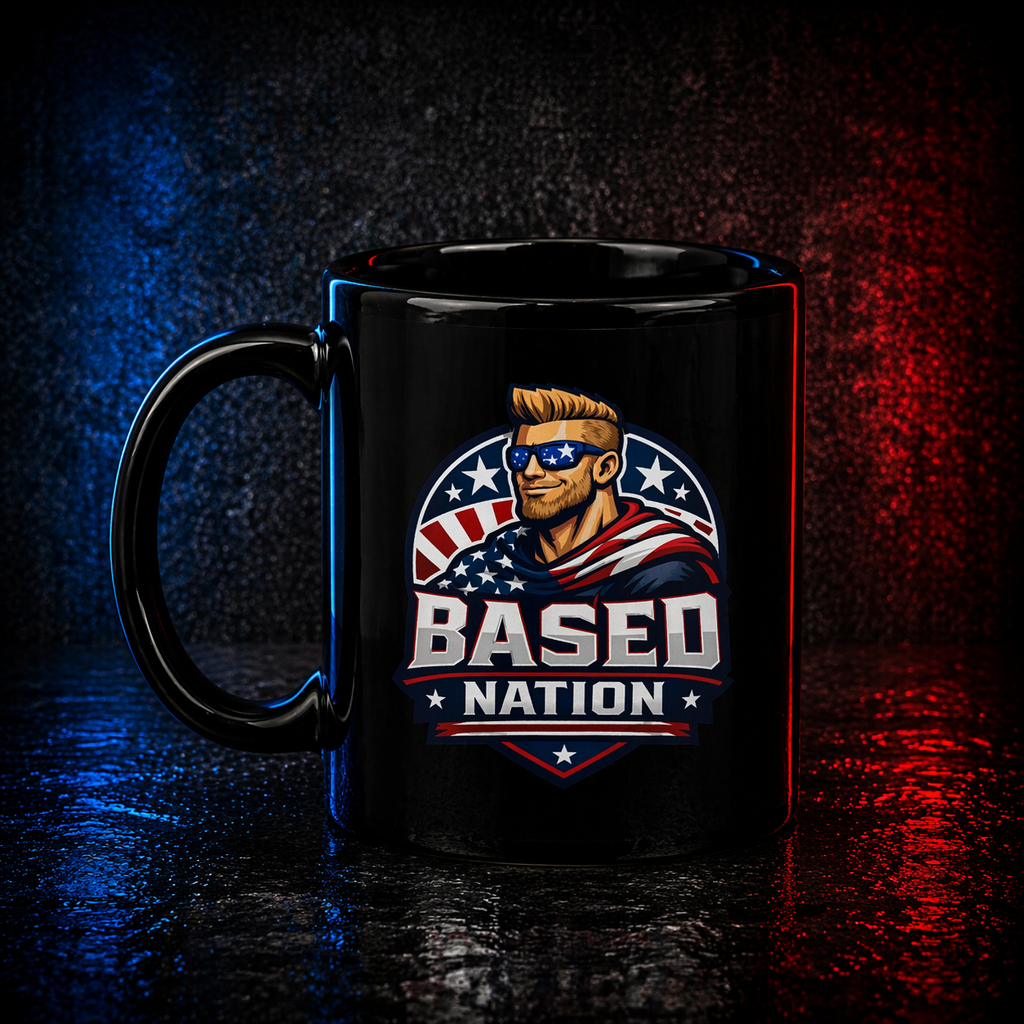 Black mug with 'BASED NATION' graphic on a dark background