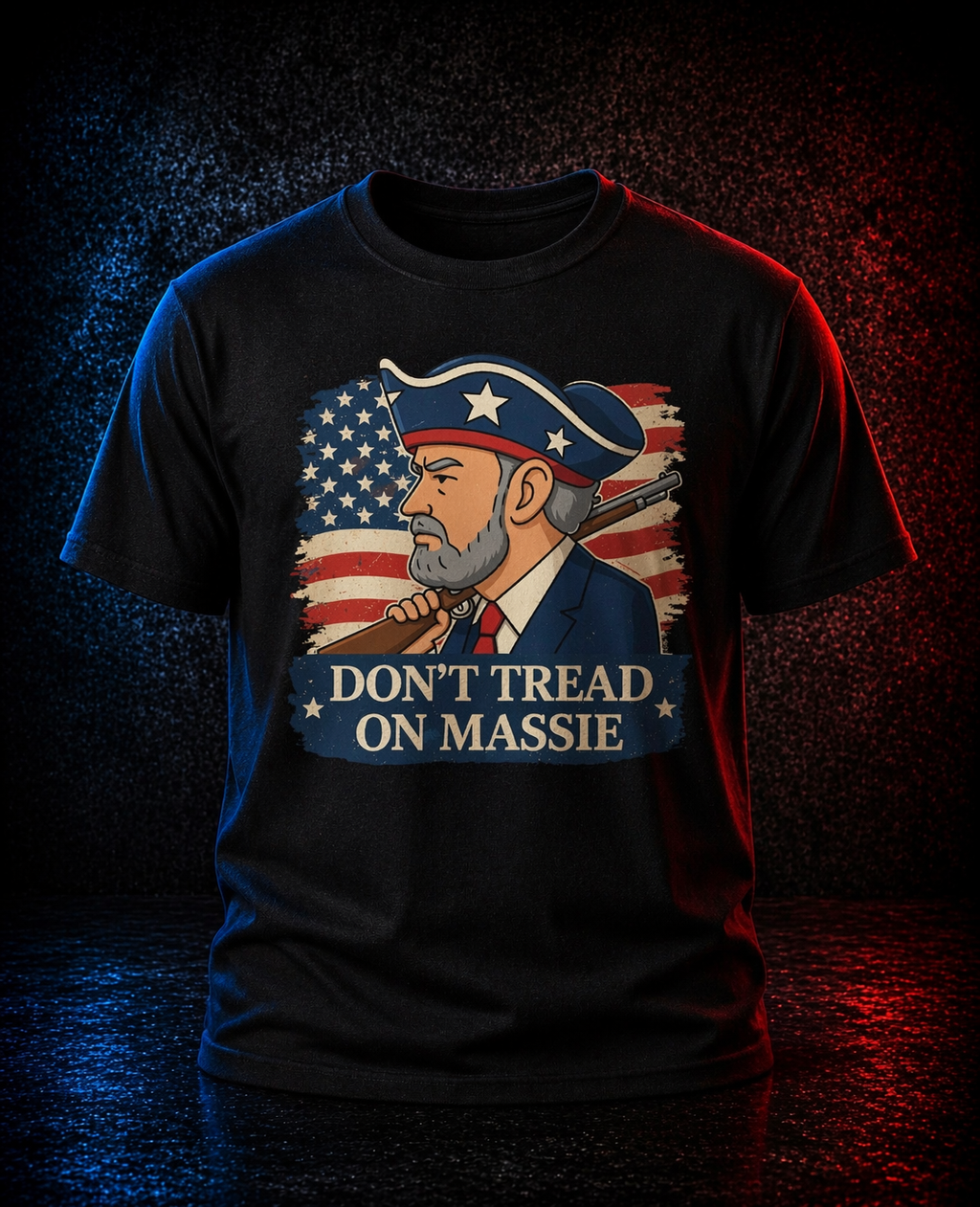 Black t-shirt with graphic design featuring a man with a beard and an American flag, text 'Don't Tread on Massie' on a dark background.