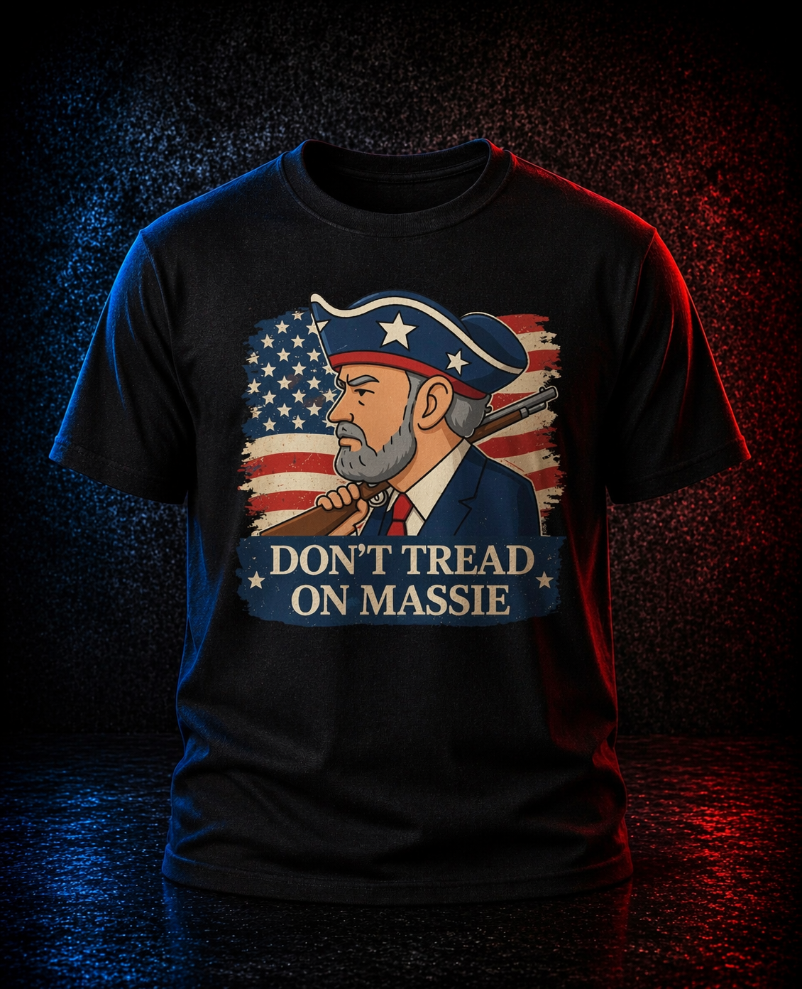 Black t-shirt with graphic design featuring a man with a beard and an American flag, text 'Don't Tread on Massie' on a dark background.