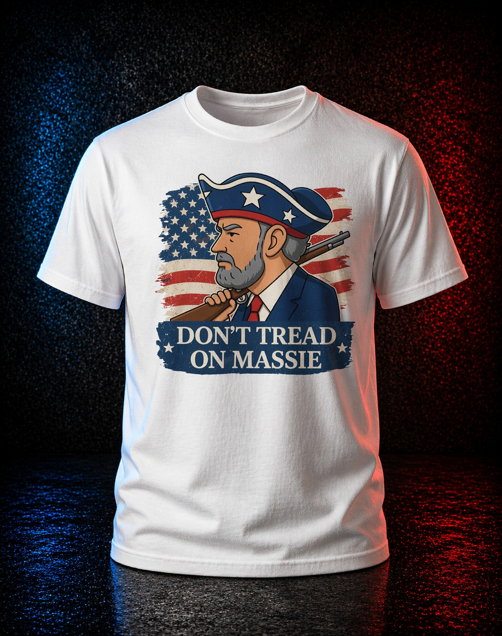 White t-shirt with graphic design featuring a man holding a rifle and American flag, with text 'Don't Tread on Massie'.