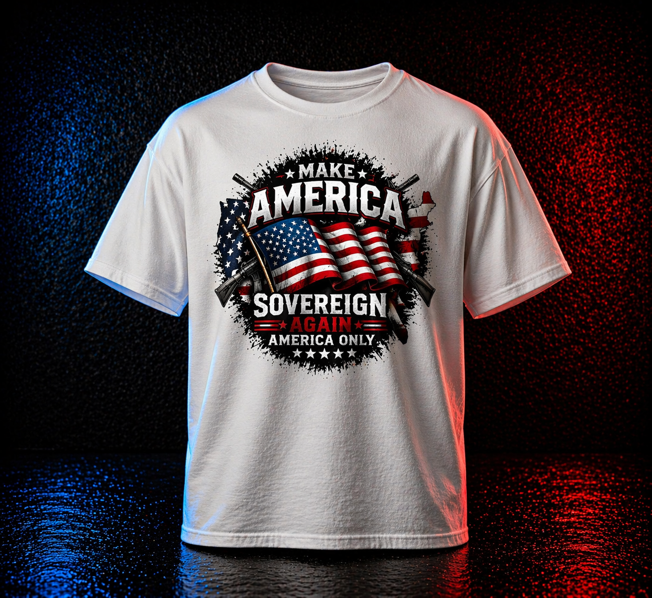 White t-shirt with American flag graphic and text on a dark background