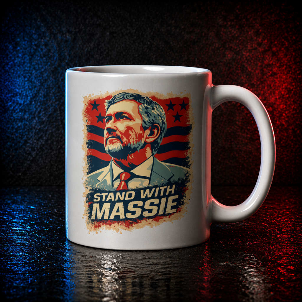 White mug with a graphic of 'Stand With Massie' text on a dark background