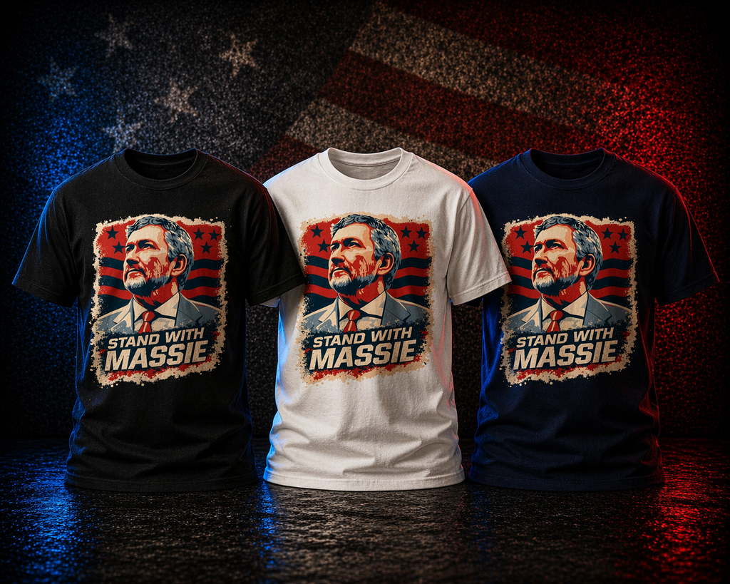 Three t-shirts with a graphic of a man's face and 'Stand with Massie' text against an American flag background.