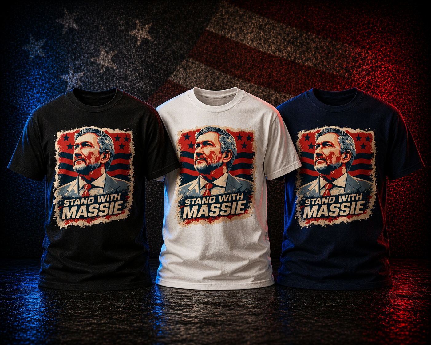 Three t-shirts with a graphic of a man's face and 'Stand with Massie' text against an American flag background.