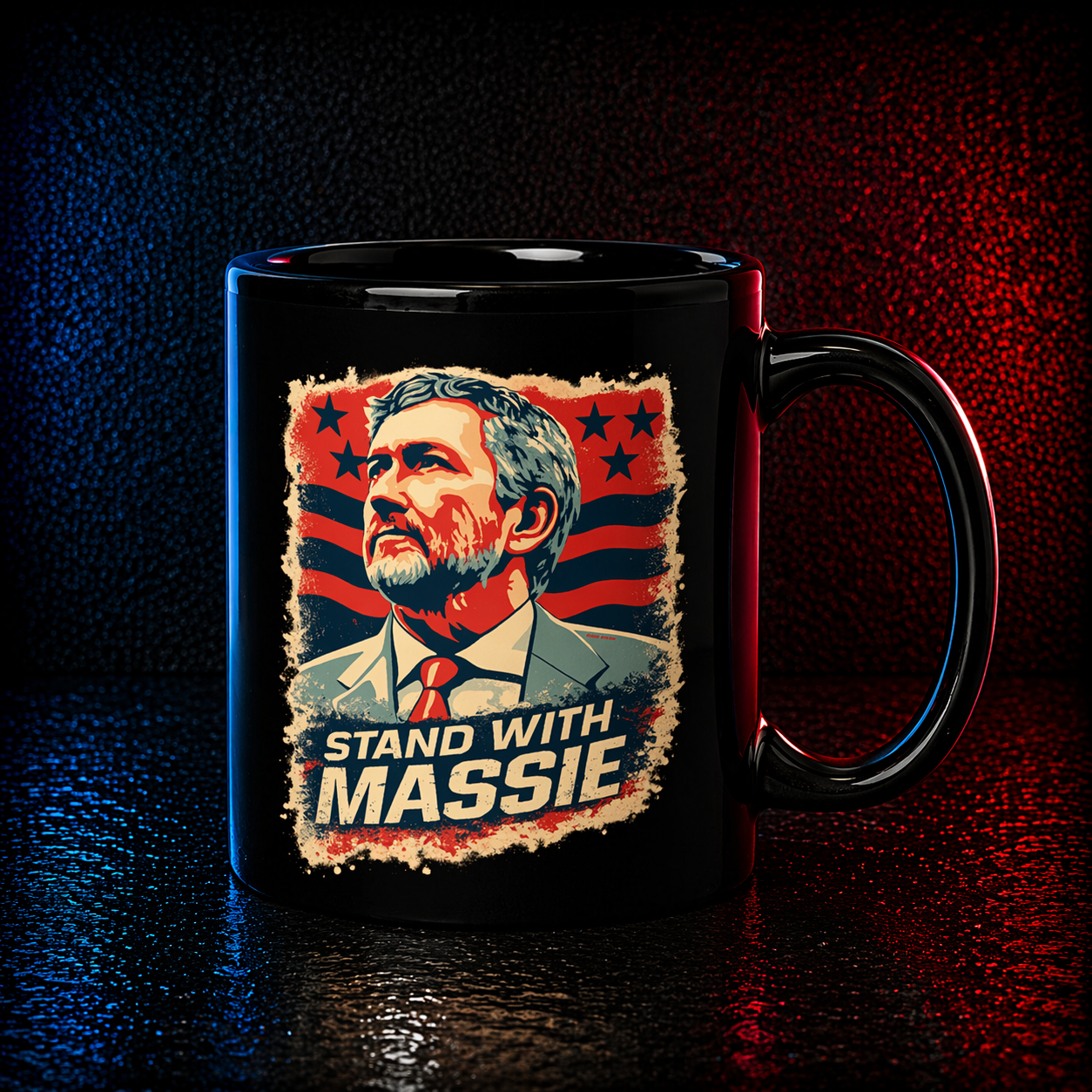 Black mug with a graphic of a man's face and 'Stand with Massie' text on a dark background
