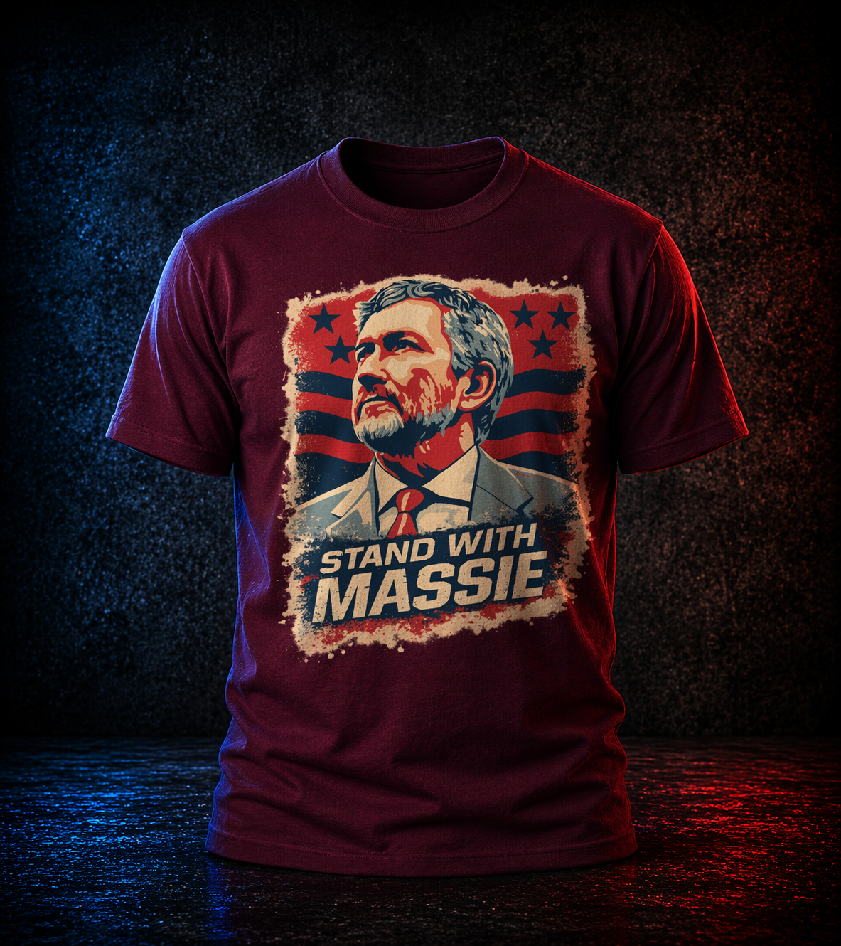 Maroon t-shirt with a graphic of a man's face and 'Stand with Massie' text on a dark background