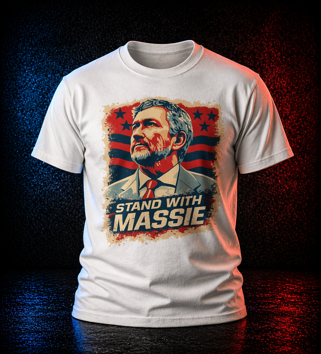 White t-shirt with a graphic of a man's face and 'Stand with Massie' text on a dark background