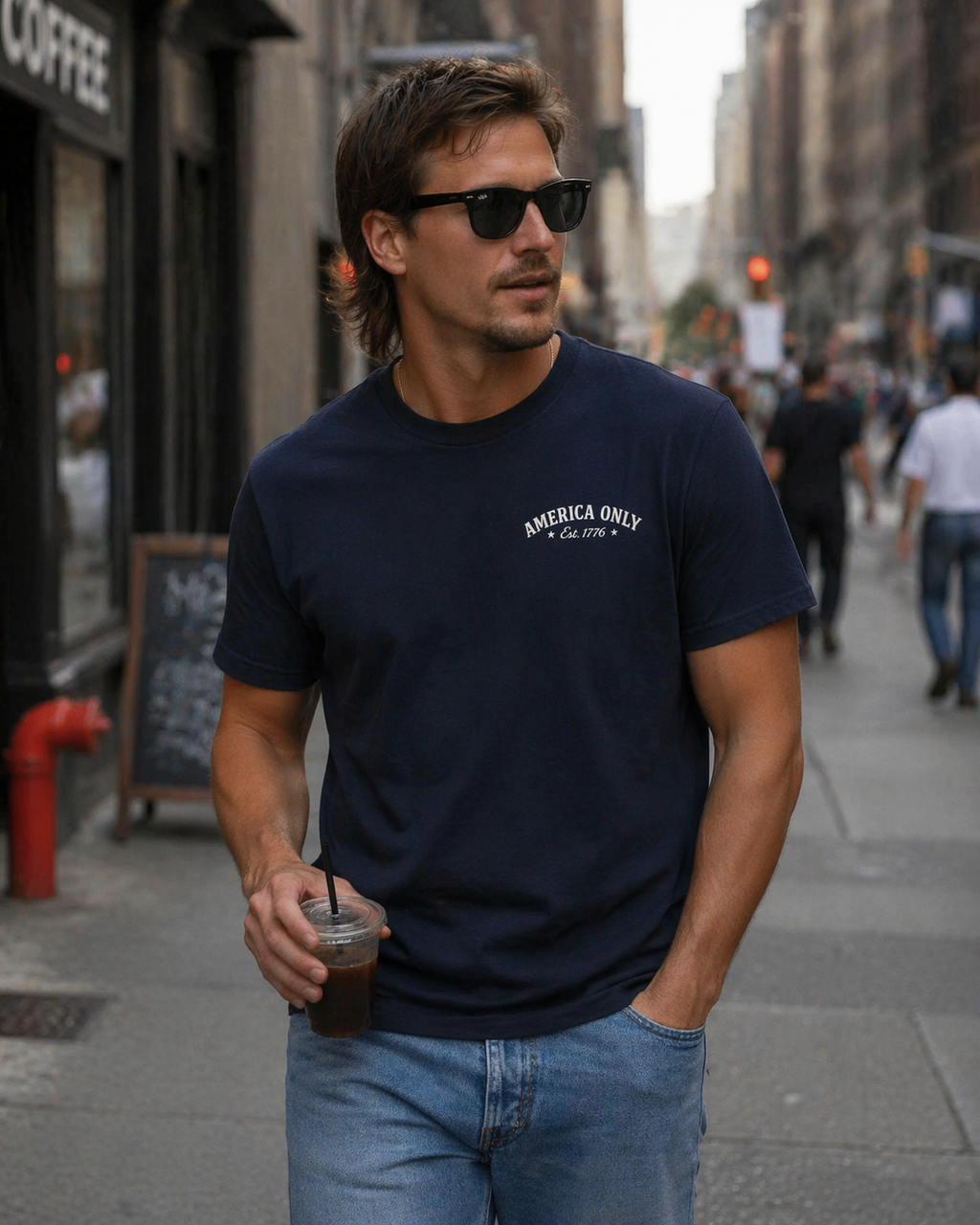 Man wearing a navy blue t-shirt with 'AMERICA ONLY' text, holding a drink on a city street.