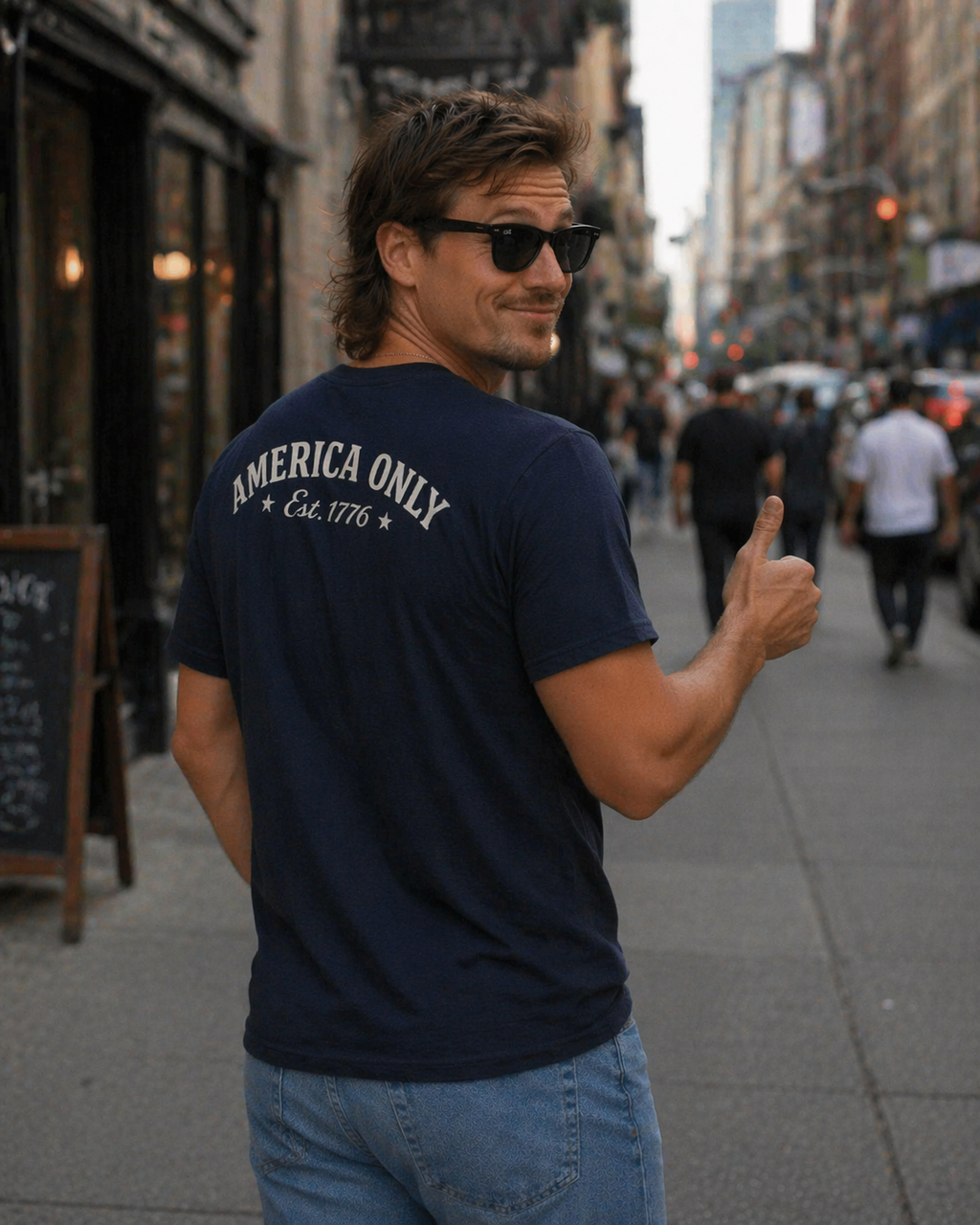 Man wearing a navy blue t-shirt with 'America Only' text on a city street