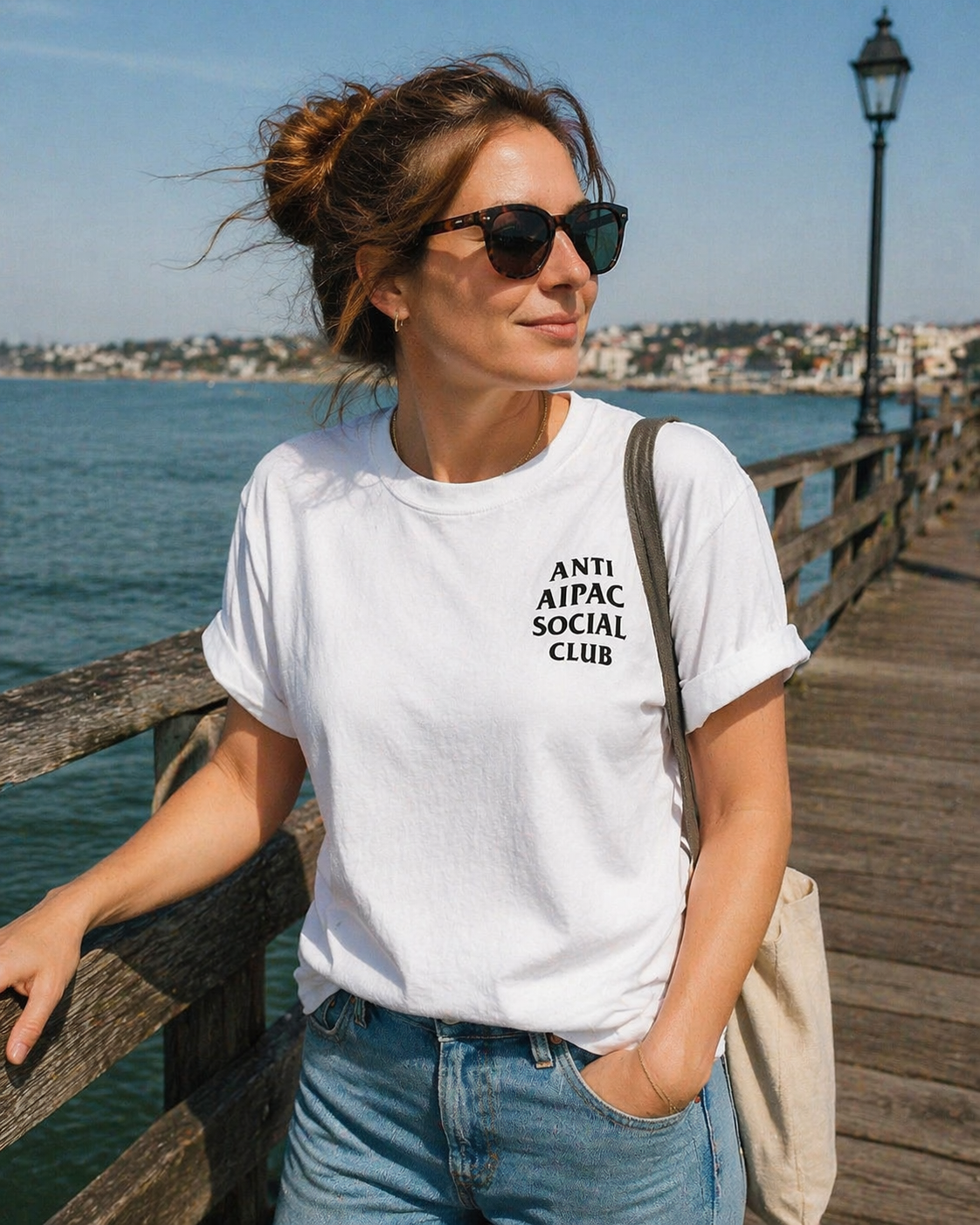 Woman wearing a white t-shirt with 'ANTI AIPAC SOCIAL CLUB' text, standing on a wooden pier by the water.